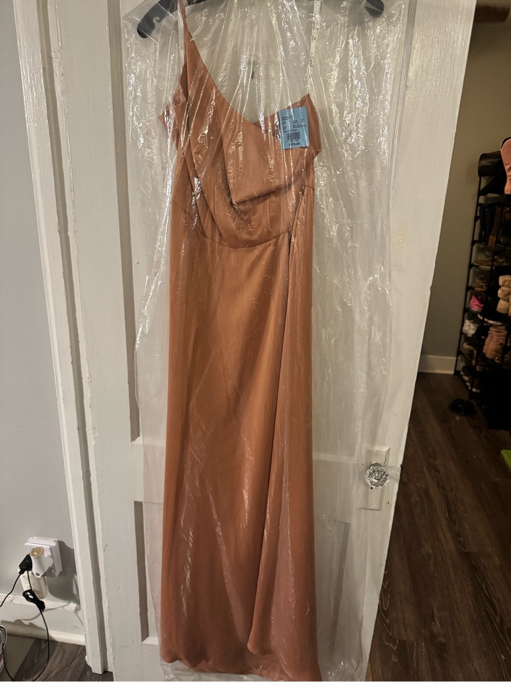 David's Bridal One-Shoulder Slip Dress in Rust